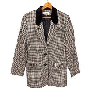 Vintage Wool Blend Houndstooth Blazer with Velvet Collar, Size 6, 90s Academia